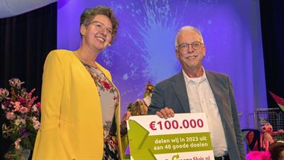Wethouder Sjaak Kruis met de cheque van in totaal €100.00 die De Groene Sluis doneert aan goede doelen in Lelystad